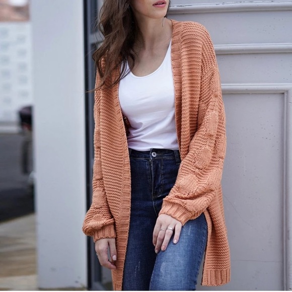 Open Cardigan Knit Bubble Detail Sleeve Sweater - Picture 4 of 8